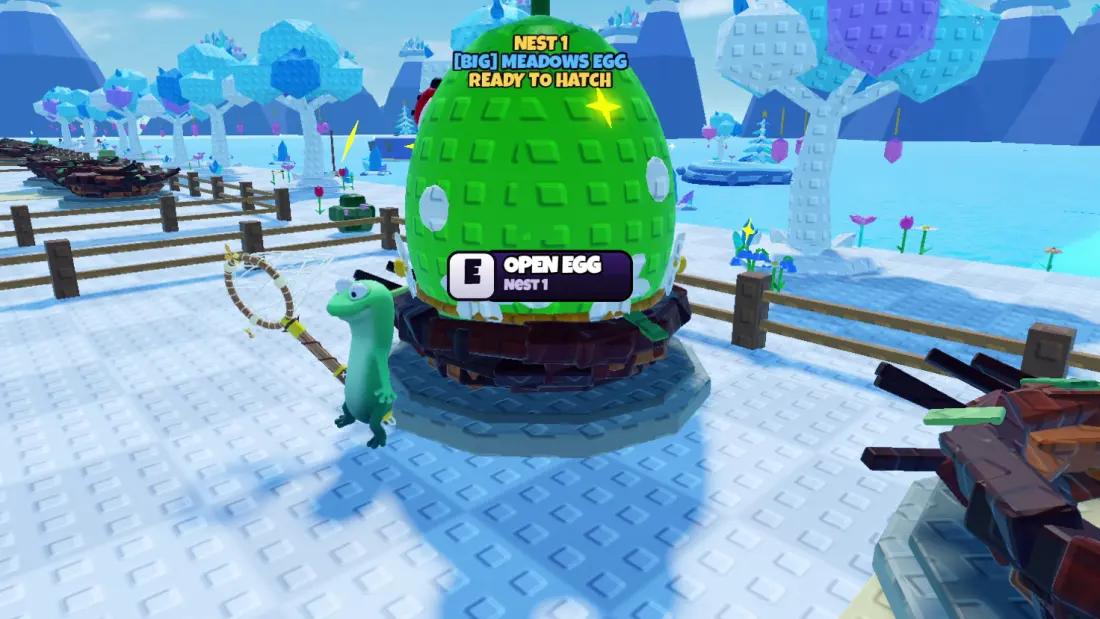 A big green egg in a nest with an Open egg prompt, from the game