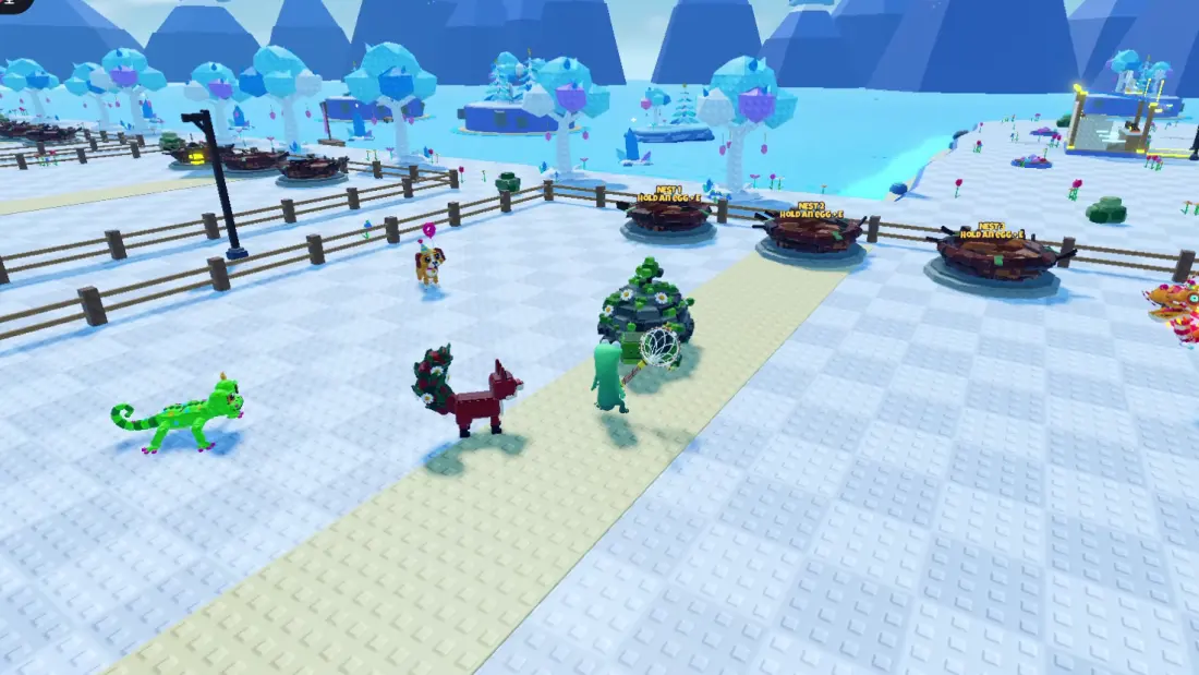A player plot with several creatures walking around and nests along the fence, from the game