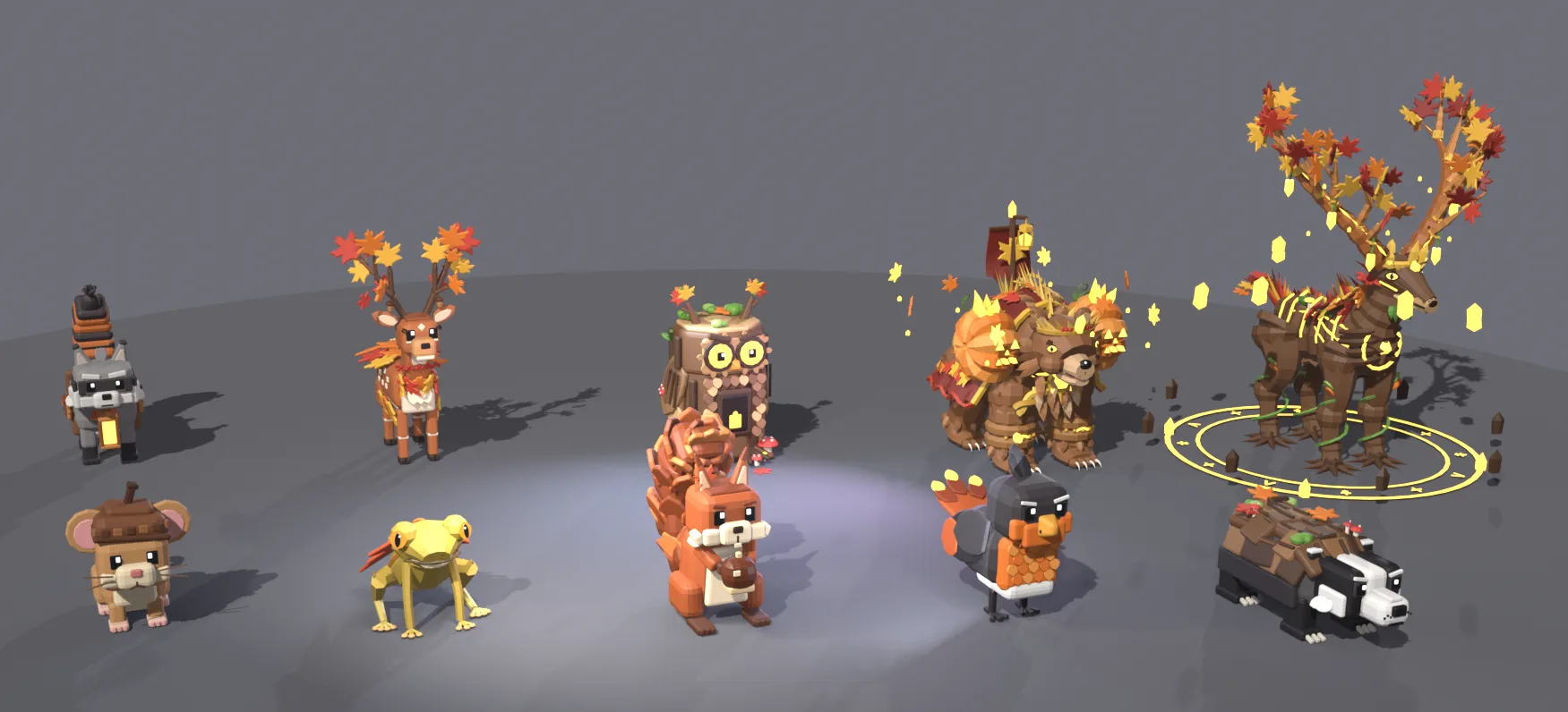 Lineup of ten Autumn Woods creatures, from a small acorn mouse to the large antlered Crowned Entelk
