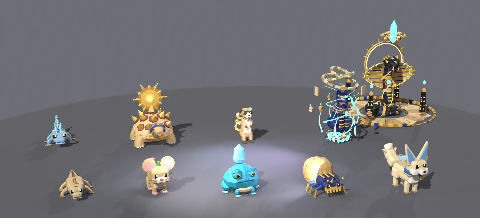 Lineup of ten Sandy Oasis creatures, ending in the tall Obelisk Cobra