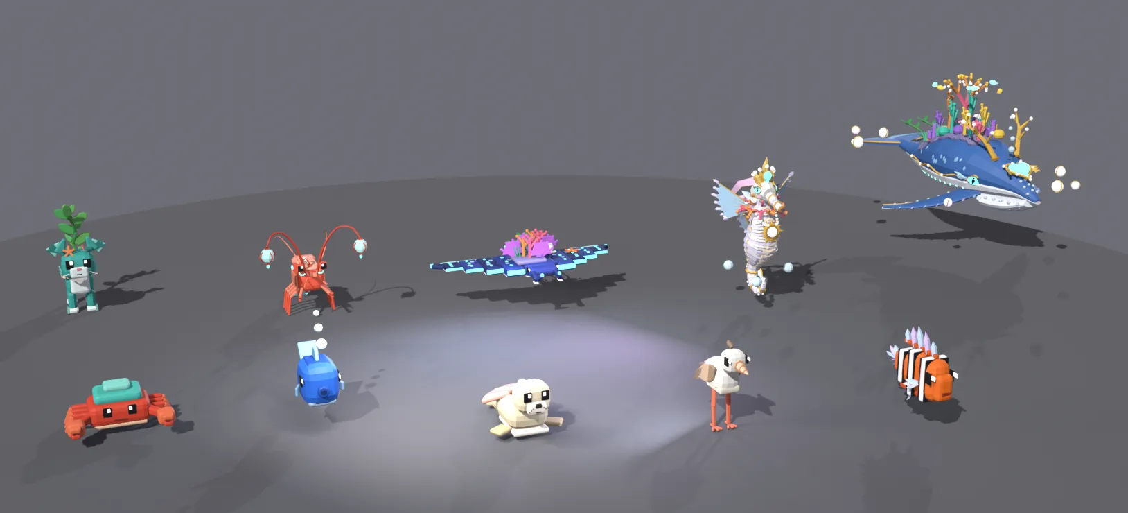 Lineup of ten Coral Coast creatures, from a small crab to the whale-like Coral Leviathan