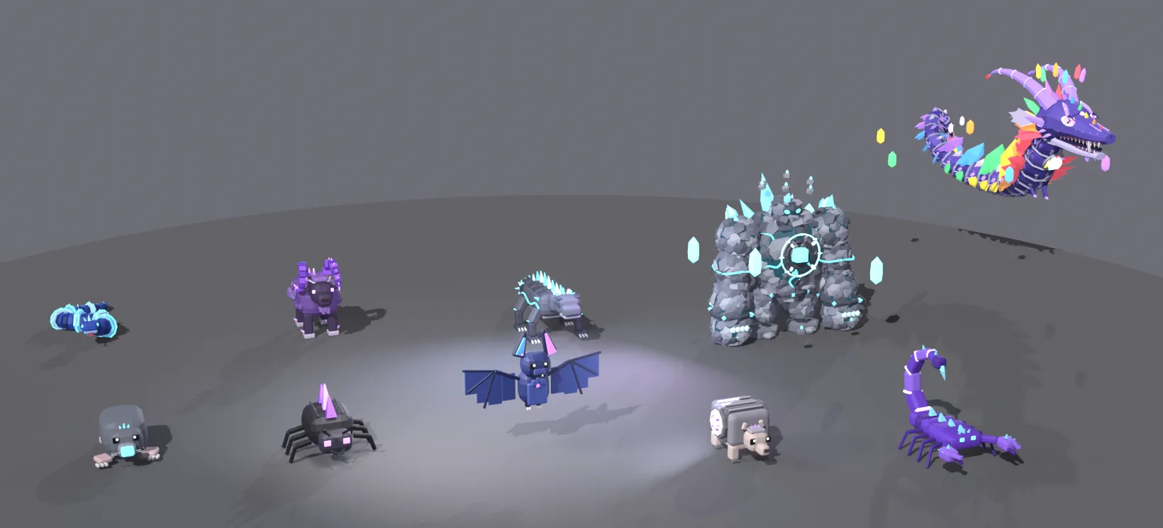 Lineup of ten Crystal Caverns creatures, with a crystal golem and the flying Prism Wyrm