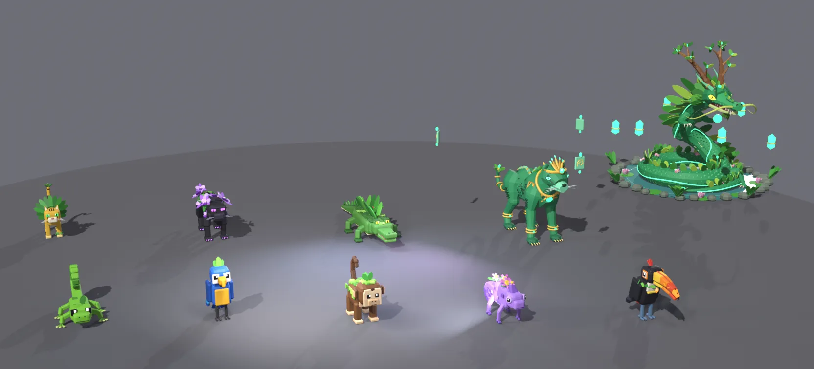 Lineup of ten Overgrown Jungle creatures, with the Verdant Serpent Dragon coiled on the right