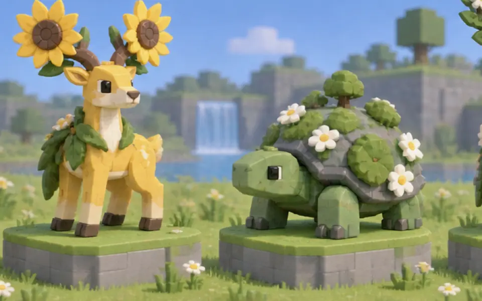 Concept art of Meadows creatures: a deer with sunflower antlers and a tortoise with a mossy shell, in a green meadow