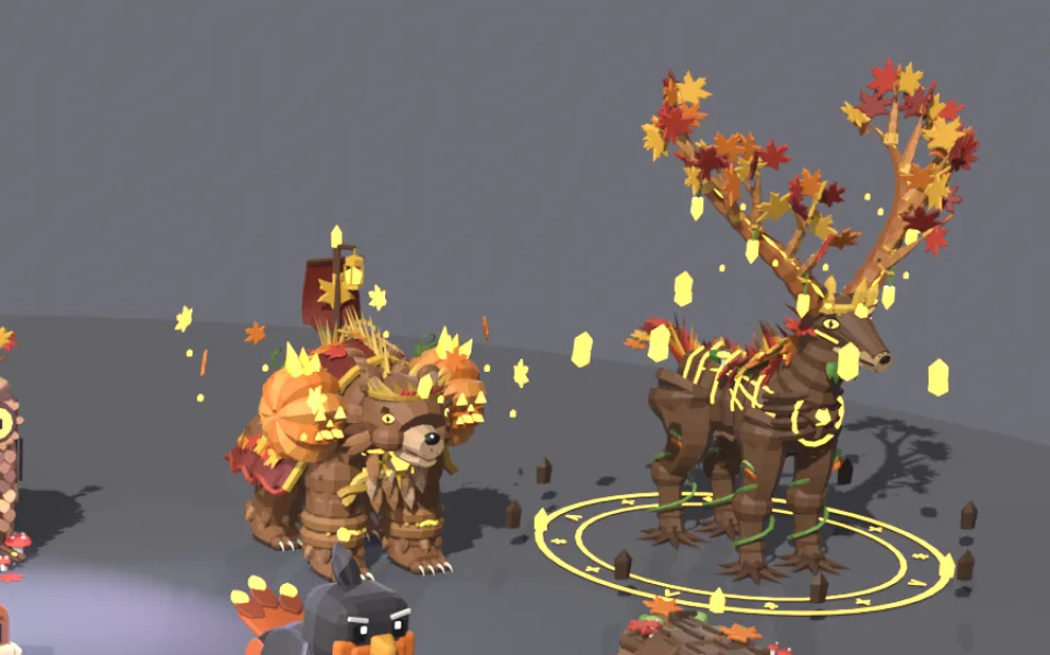 Blender render of Autumn Woods creatures, with a tree-antlered stag on the right