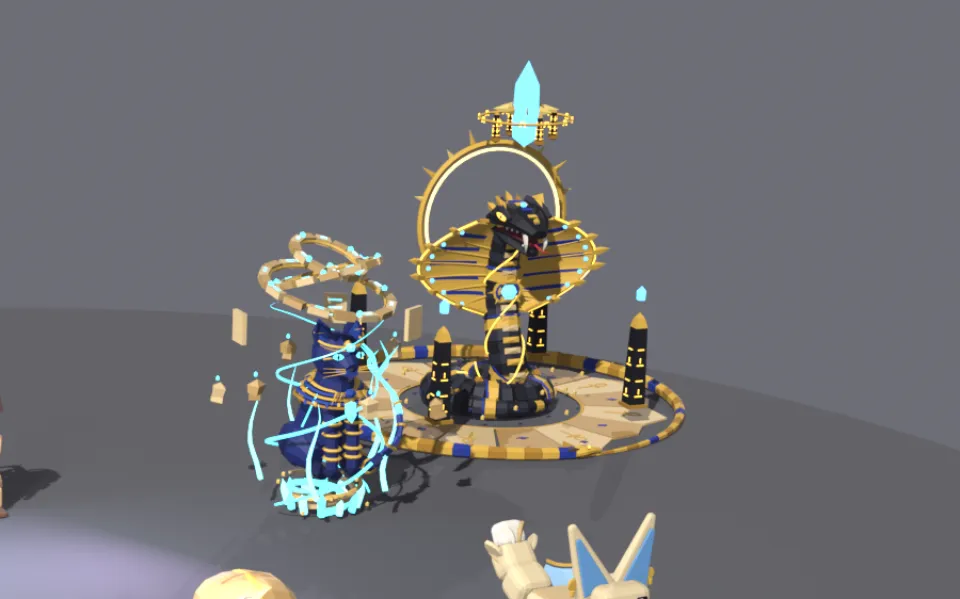 Blender render of Sandy Oasis creatures, with a golden cobra among floating obelisks