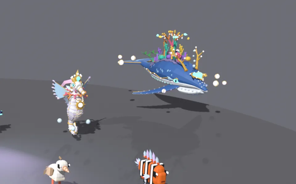 Blender render of Coral Coast creatures, with a whale carrying a coral garden on its back