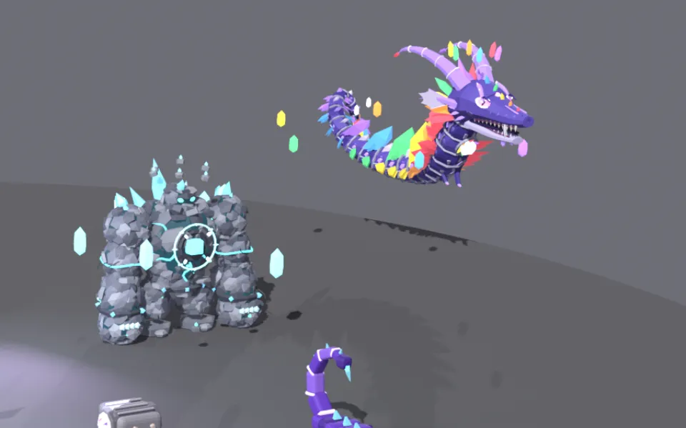 Blender render of Crystal Caverns creatures, with a rainbow-crystal wyrm above a stone golem