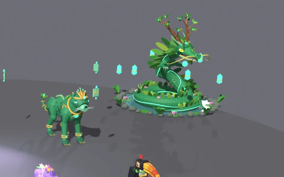 Blender render of Overgrown Jungle creatures, with a jade jaguar and a long green plant dragon