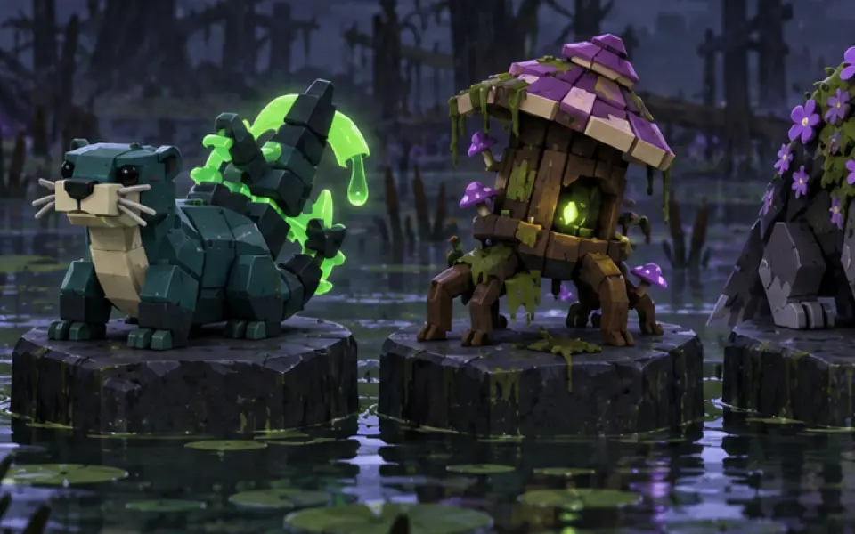 Concept art of Shadow Marsh creatures: a teal otter, a stump with a mushroom hat and a wolf covered in purple flowers, in a moonlit swamp