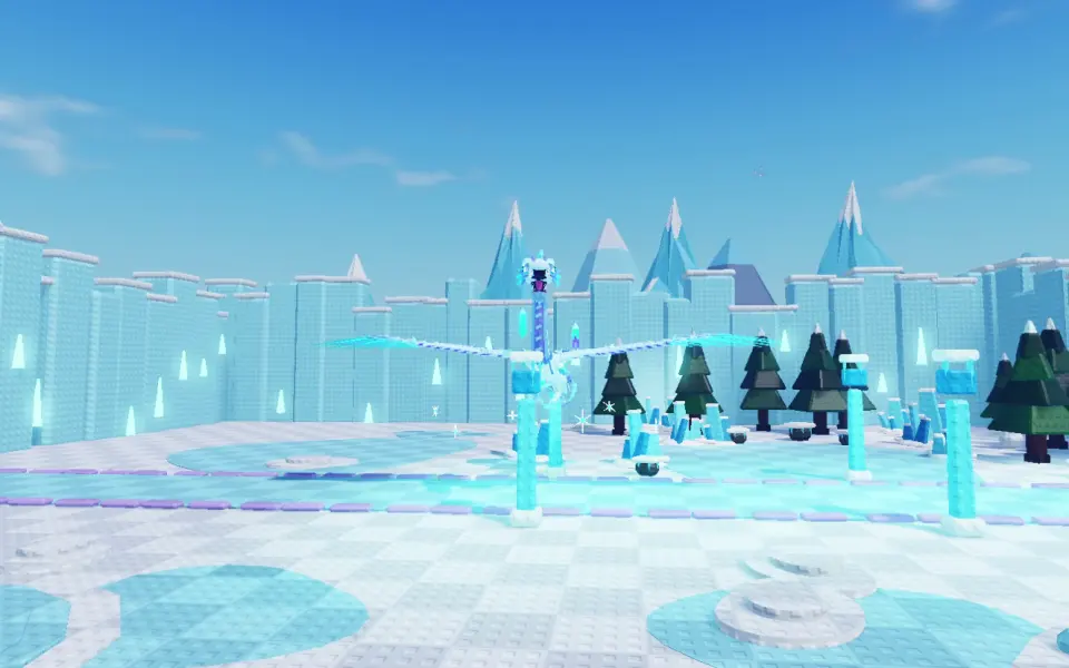 Game footage of Frozen Aurora: an icy plaza with ice walls and a dragon flying in the distance
