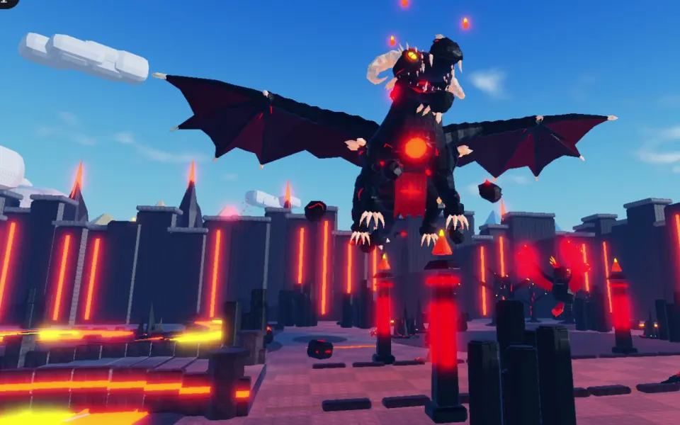 Game footage of Volcanic Wasteland: a black dragon with glowing red core above glowing lava walls