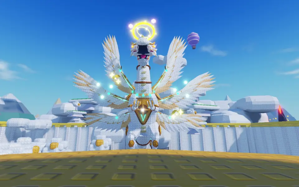 Game footage of Celestial Sky Realm: a white dragon with a golden halo and many wings on a cloud platform